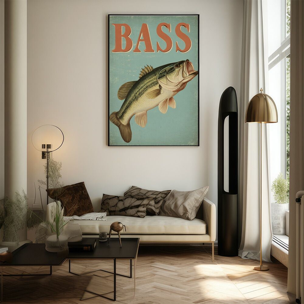【A1サイズ（約59x84cm）】【lm-poster-5054】【フレーム付き】BASS ポスター ブラックバス フィッシング アート 釣り ビンテージ アメリカン レトロデザイン 壁掛け ガレージ カフェ バー 装飾 イ