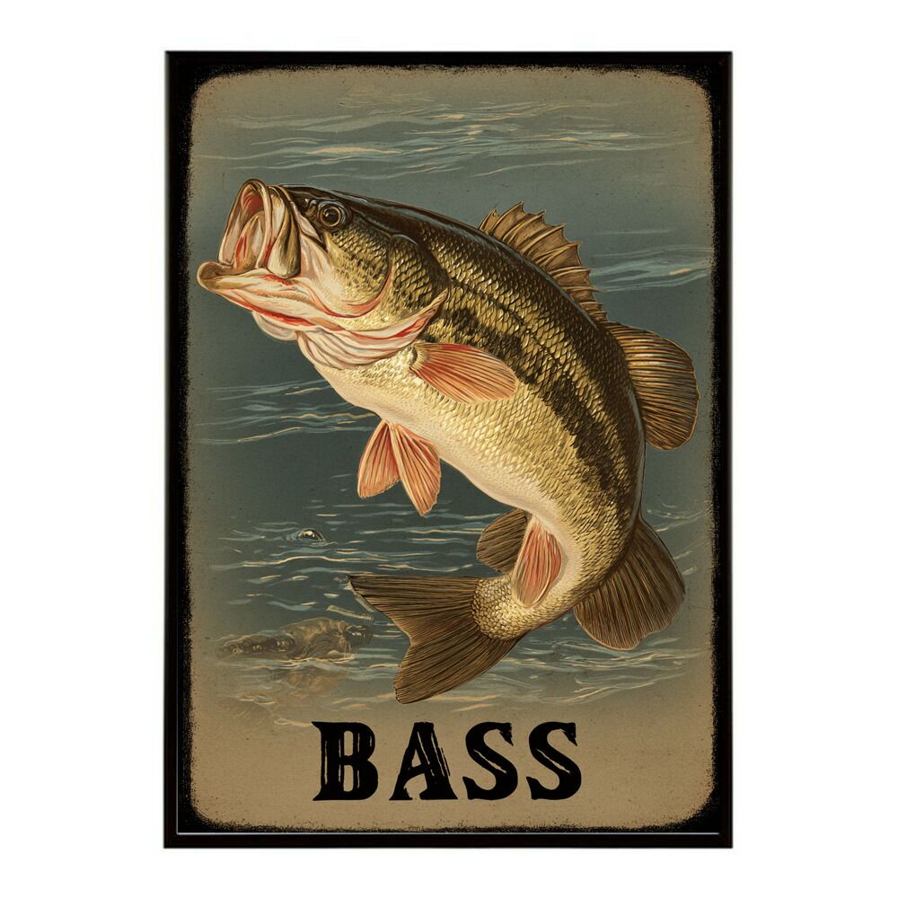 【B1サイズ（約73x103cm）】【lm-poster-5062】【フレーム付き】BASS ポスター ブラックバス フィッシング アート 釣り ビンテージ アメリカン レトロデザイン 壁掛け ガレージ カフェ バー 装飾 イラスト