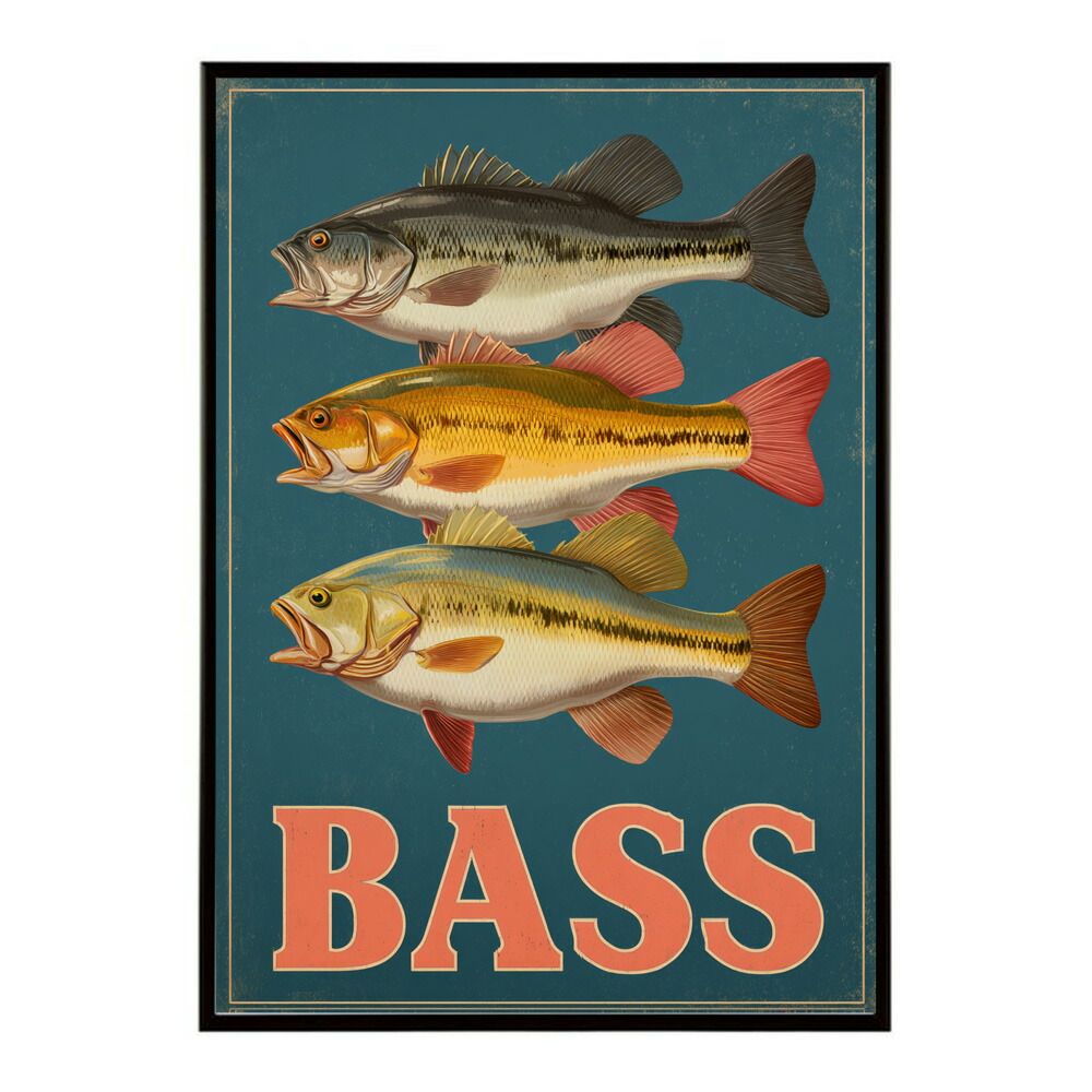 【A1サイズ（約59x84cm）】【lm-poster-5081】【フレーム付き】BASS ポスター ブラックバス フィッシング アート 釣り ビンテージ アメリカン レトロデザイン 壁掛け ガレージ カフェ バー 装飾 イラスト
