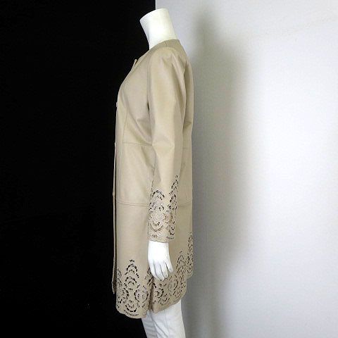 コート ラムレザー 羊革 ロングコート ノーカラー カットワーク 花柄