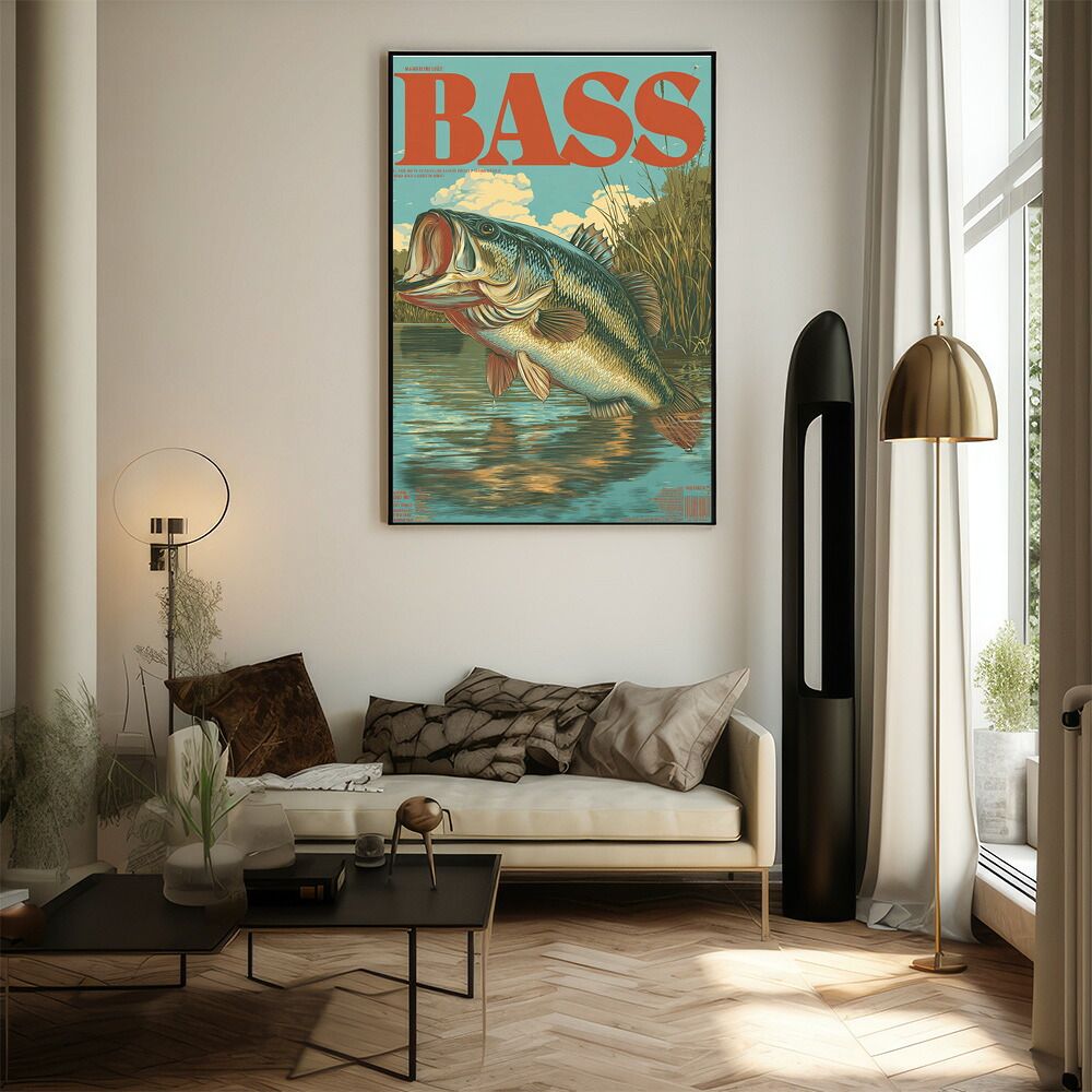 【A3サイズ（約30×42cm）】【lm-poster-5090】【フレーム付き】BASS ポスター ブラックバス フィッシング アート 釣り ビンテージ アメリカン レトロデザイン 壁掛け ガレージ カフェ バー 装飾 イ