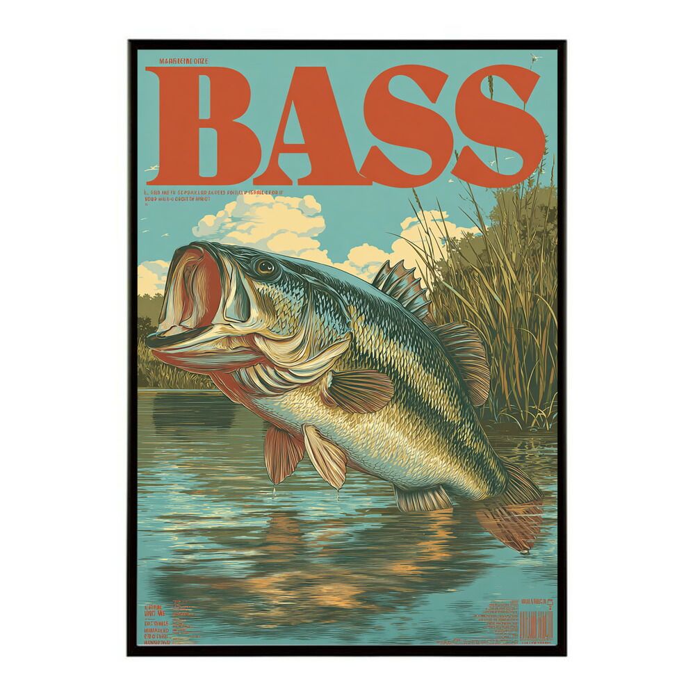 【A1サイズ（約59x84cm）】【lm-poster-5090】【フレーム付き】BASS ポスター ブラックバス フィッシング アート 釣り ビンテージ アメリカン レトロデザイン 壁掛け ガレージ カフェ バー 装飾 イ