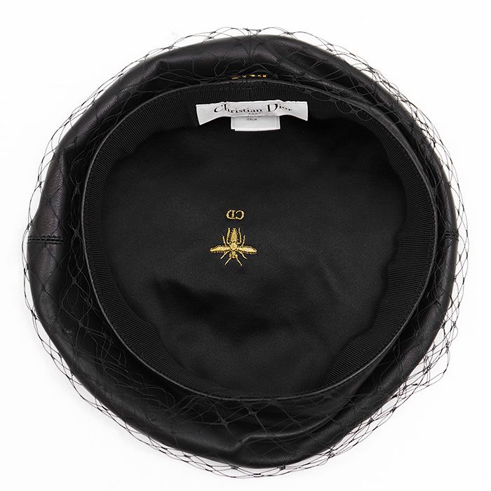 Christian Dior クリスチャンディオール　レザーベレー帽 58 黒 Dior ディオール ベレー帽 チュール付 #58 黒 (ブラック) ラビット 60