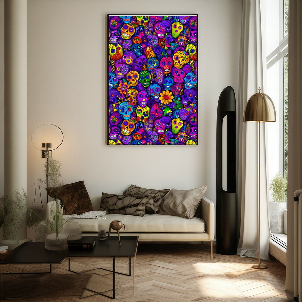 【A3サイズ（約30×42cm）】【lm-poster-5145】【フレーム付き】ドクロポスター シュガースカル カラフル 死者の日 アートポスター メキシコ デザイン 壁掛け ポップ ポスター イラスト
