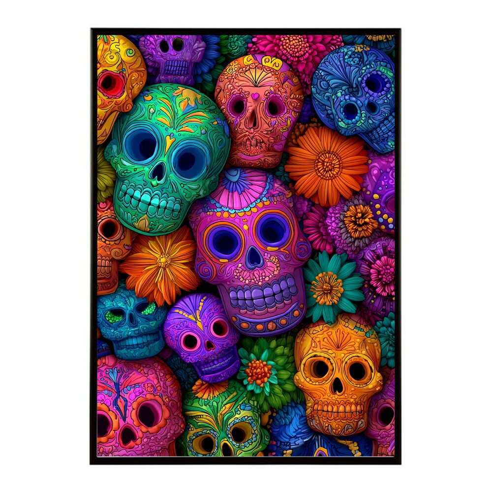 【A1サイズ（約59x84cm）】【lm-poster-5148】【フレーム付き】ドクロポスター シュガースカル カラフル 死者の日 アートポスター メキシコ デザイン 壁掛け ポップ ポスター イラスト