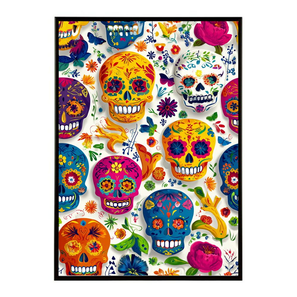 【B3サイズ（約36x51cm）】【lm-poster-5204】【フレーム付き】ドクロポスター シュガースカル カラフル 死者の日 アートポスター メキシコ デザイン 壁掛け ポップ ポスター イラスト