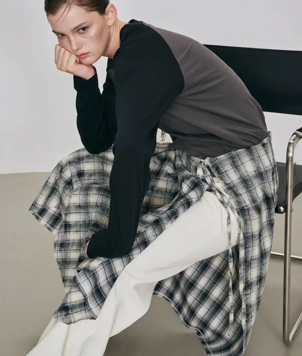 ディアマイディア チェック ドレープ フリンジ ラップ スカート フーディー マフラー