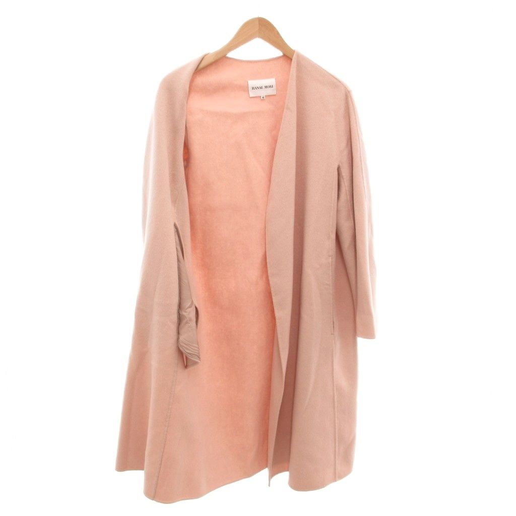 ハナエモリ HANAE MORI ノーカラーコート 40 ウール ロング丈 ピンク