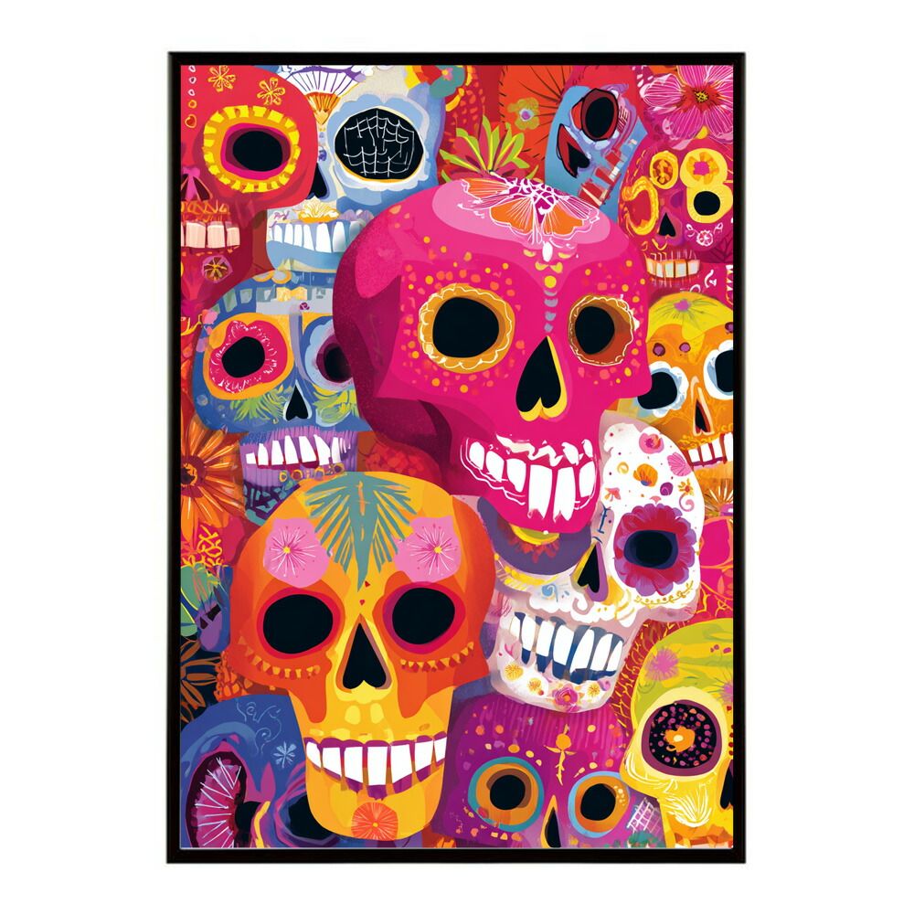 【B1サイズ（約73x103cm）】【lm-poster-5341】【フレーム付き】ドクロポスター シュガースカル カラフル 死者の日 アートポスター メキシコ デザイン 壁掛け ポップ ポスター イラスト