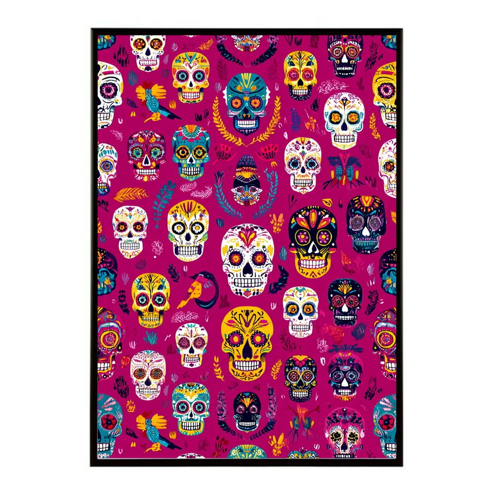 B 約51 x 73 cm lm-poster-5355 フレーム付き ドクロポスター シュガースカル カラフル 死者の日 アートポスター メキシコ デザイン 壁掛け ポップ ポスター イラスト