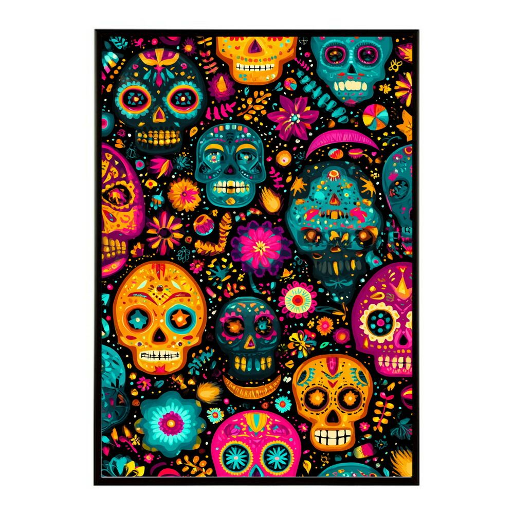 A 約59 x 84 cm lm-poster-5366 フレーム付き ドクロポスター シュガースカル カラフル 死者の日 アートポスター メキシコ デザイン 壁掛け ポップ ポスター イラスト