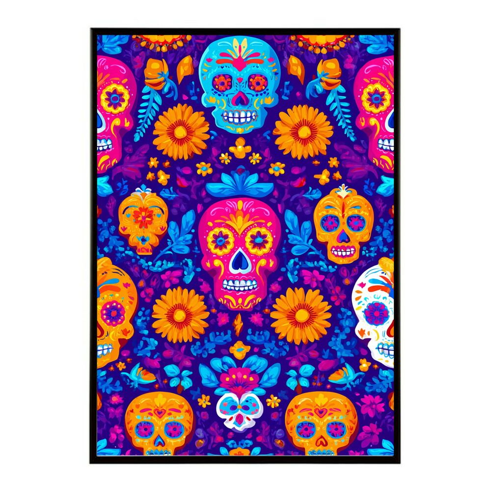 A 約84 x 119 cm lm poster 5375 フレーム付き ドクロポスター シュガースカル カラフル 死者の日 アートポスター メキシコ デザイン 壁掛け ポップ ポスター イラスト