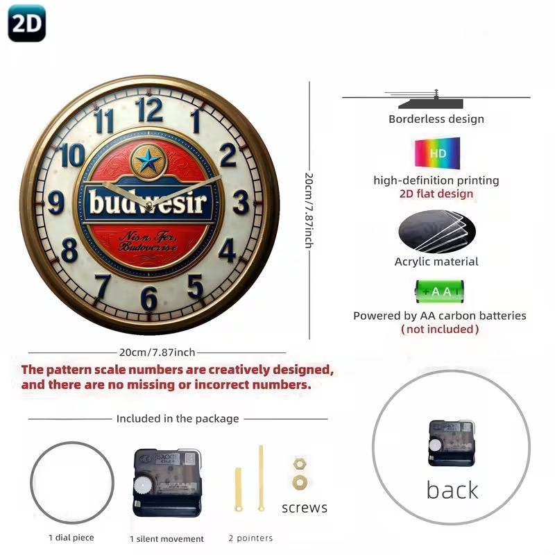 ヴィンテージビールサイン 静音壁掛け時計 - レトロレッド＆ブルー