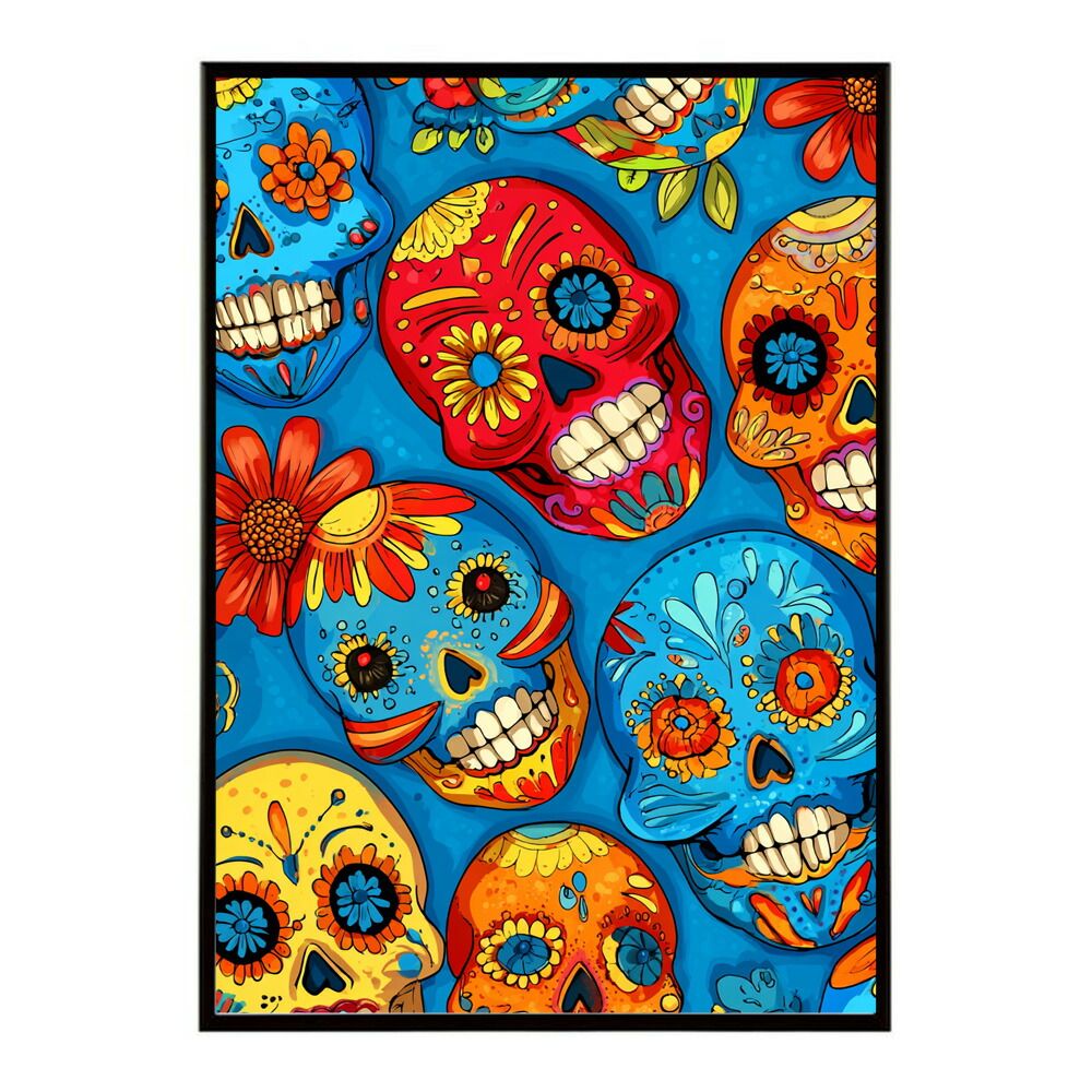 A 約42 x 59 cm lm-poster-5379 フレーム付き ドクロポスター シュガースカル カラフル 死者の日 アートポスター メキシコ デザイン 壁掛け ポップ ポスター イラスト