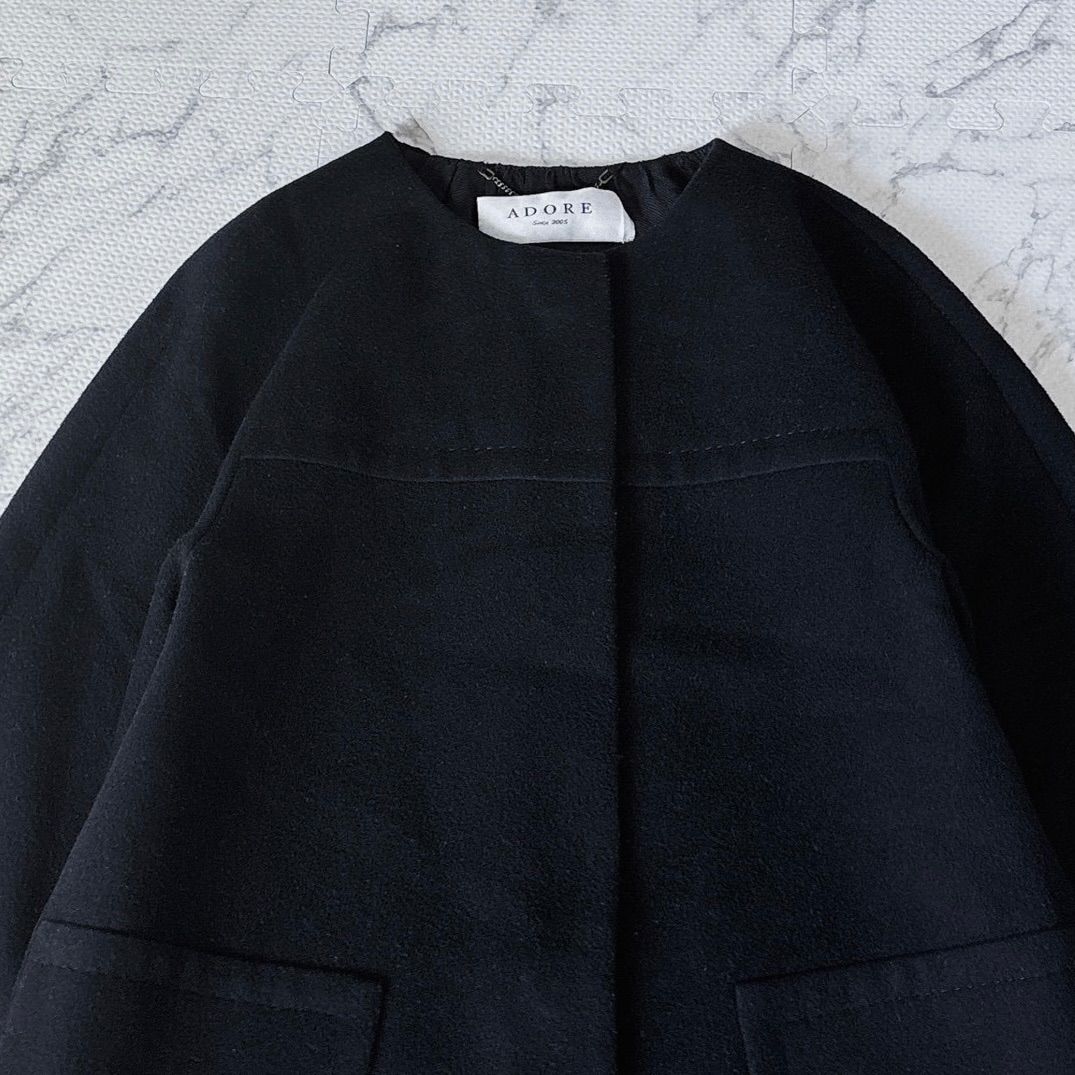 ADORE アドーア ノーカラーコート 黒 ブラック 比翼 ウール混