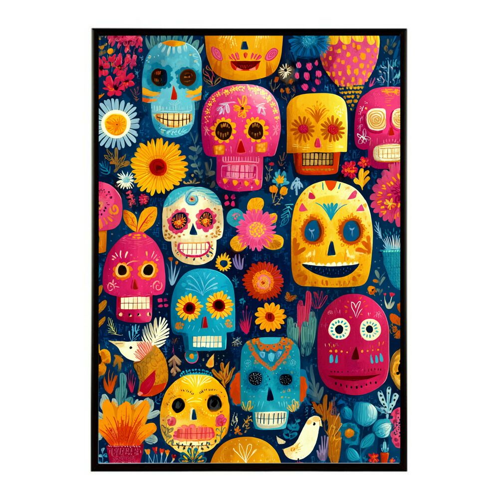 【A0サイズ（約84x119cm）】【lm-poster-5412】【フレーム付き】ドクロポスター シュガースカル カラフル 死者の日 アートポスター メキシコ デザイン 壁掛け ポップ ポスター イラスト