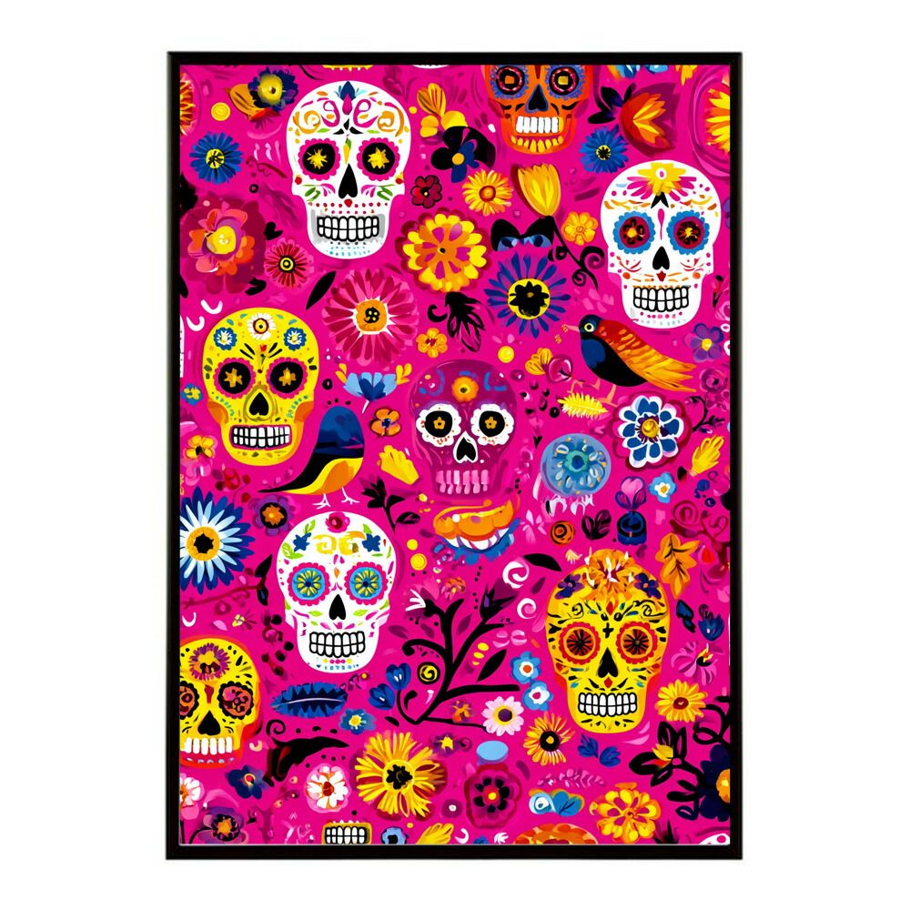 【A0サイズ（約84x119cm）】【lm-poster-5216】【フレーム付き】ドクロポスター シュガースカル カラフル 死者の日 アートポスター メキシコ デザイン 壁掛け ポップ ポスター イラスト
