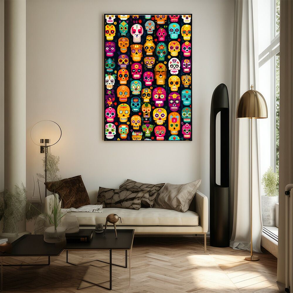 【A0サイズ（約84x119cm）】【lm-poster-5216】【フレーム付き】ドクロポスター シュガースカル カラフル 死者の日 アートポスター メキシコ デザイン 壁掛け ポップ ポスター イラスト