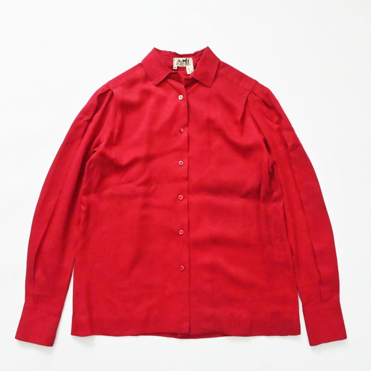 HERMES エルメス デザイン刺繍 シルク 長袖シャツ 36 レッド T 2511 k 098