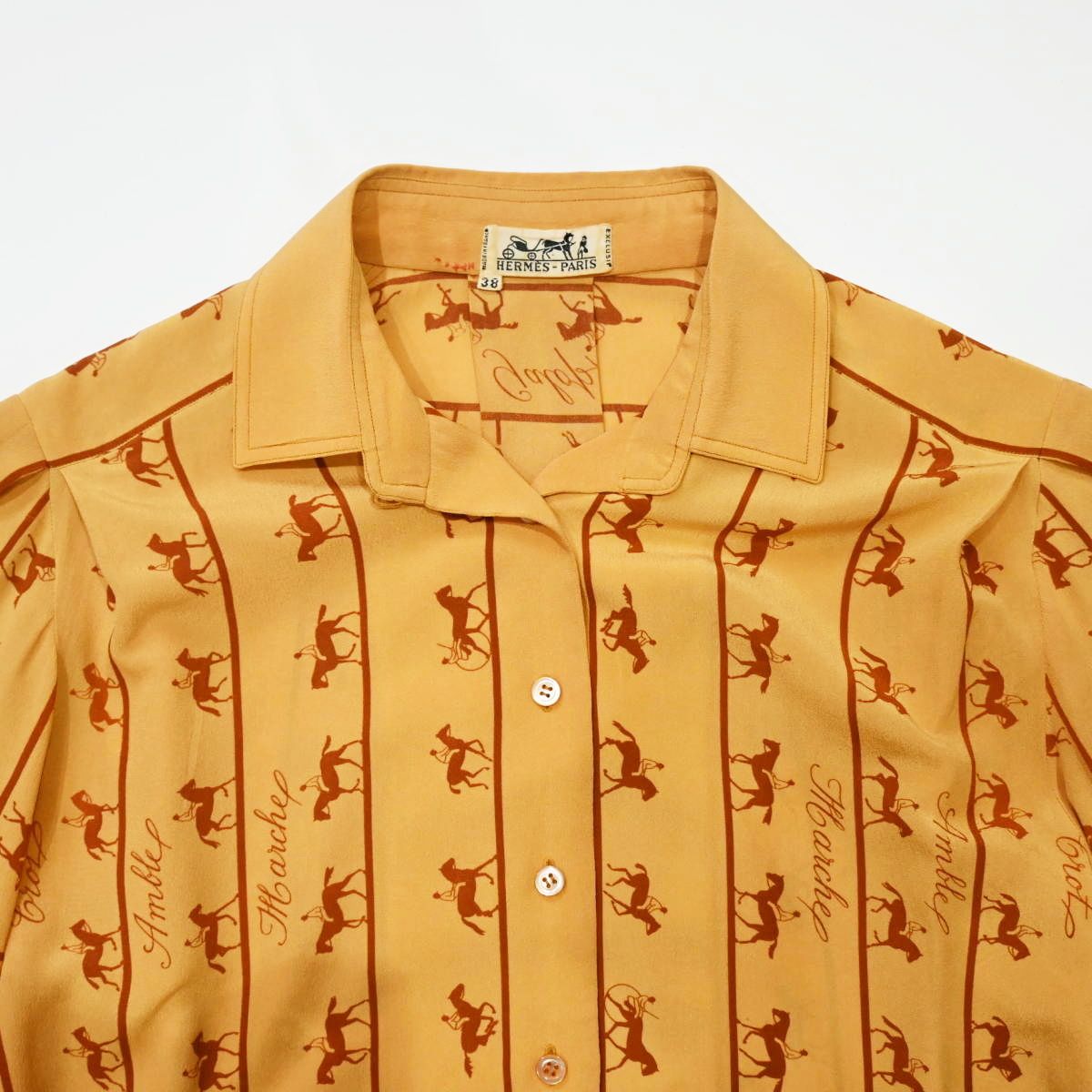 HERMES Saut Galop Canter Rack エルメス 乗馬柄 シルク 長袖シャツ 38 オレンジ T 2511-k 100