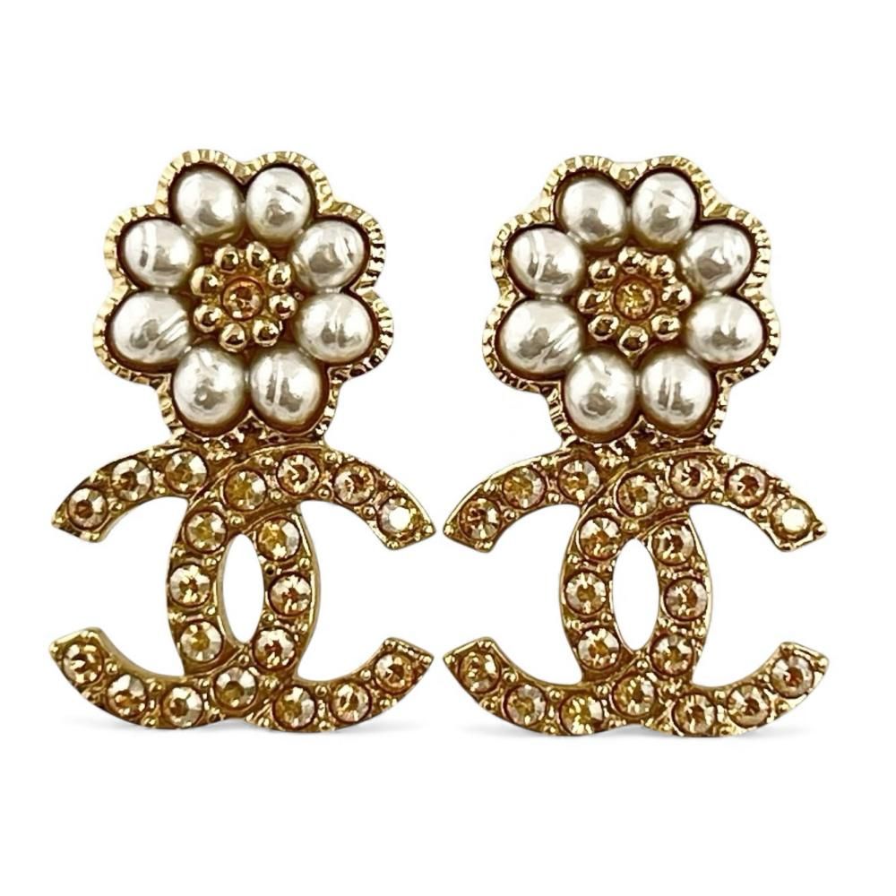 シャネル ピアス レディース フラワー ココマーク CHANEL GP フェイクパール ラインストーン B 22 ゴールド ホワイト 白 約9.2 g 品