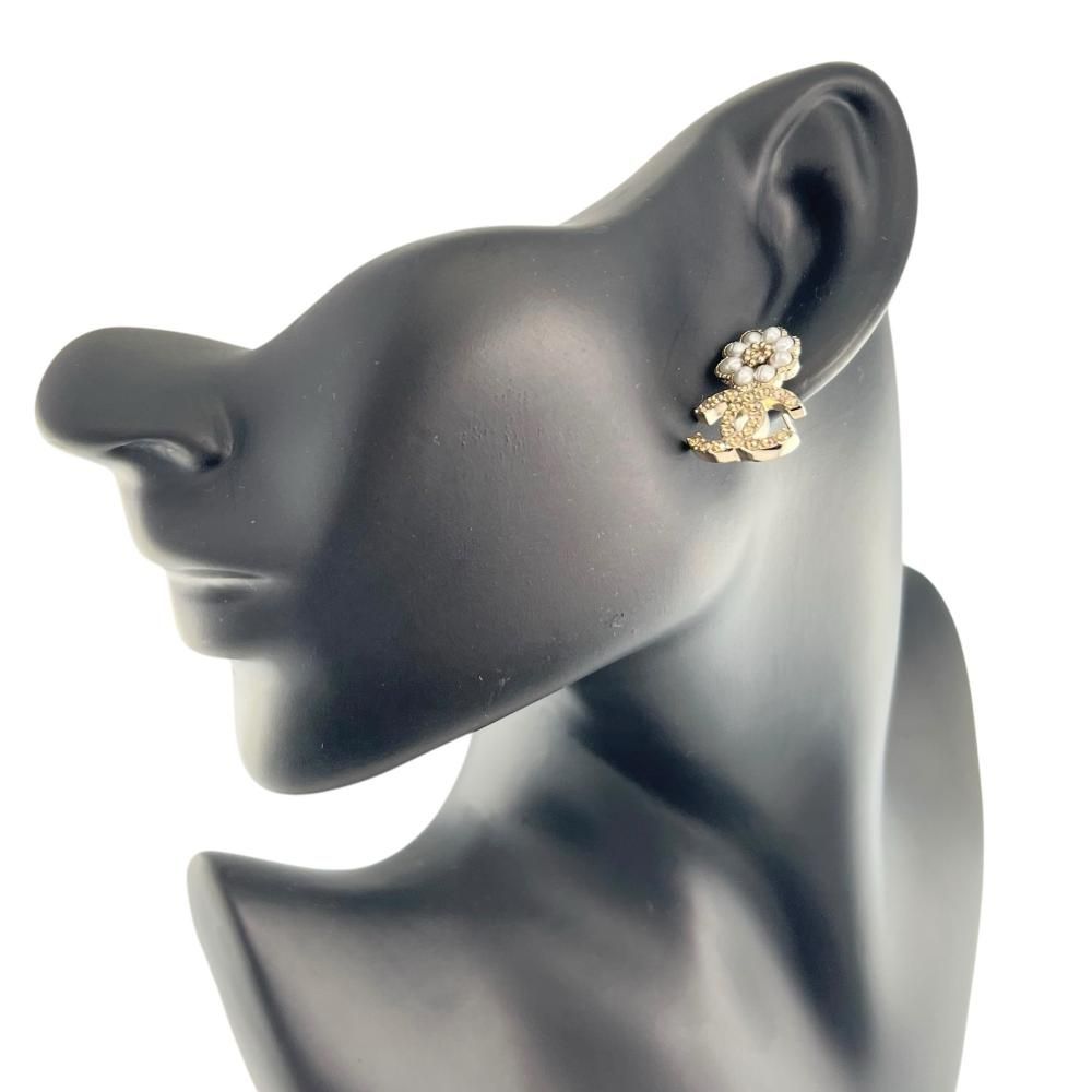 シャネル ピアス レディース フラワー ココマーク CHANEL GP フェイクパール ラインストーン B 22 ゴールド ホワイト 白 約9.2 g 品