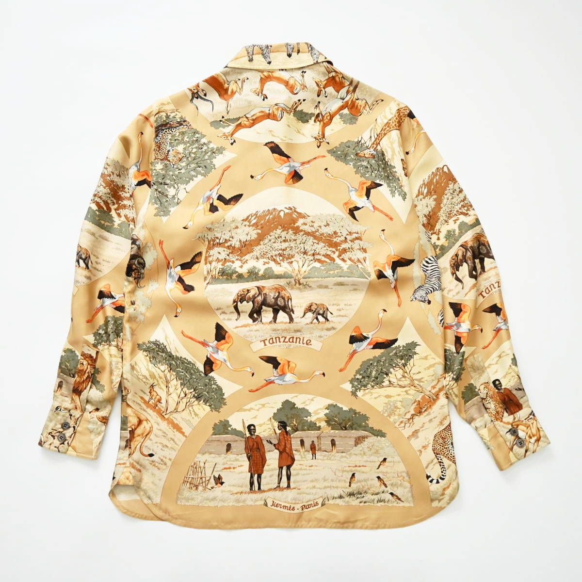 HERMES Tanzania エルメス タンザニア アニマル シルク 長袖シャツ 38 ベージュ T 2511 k 099 ダメージ加工 二次会向け