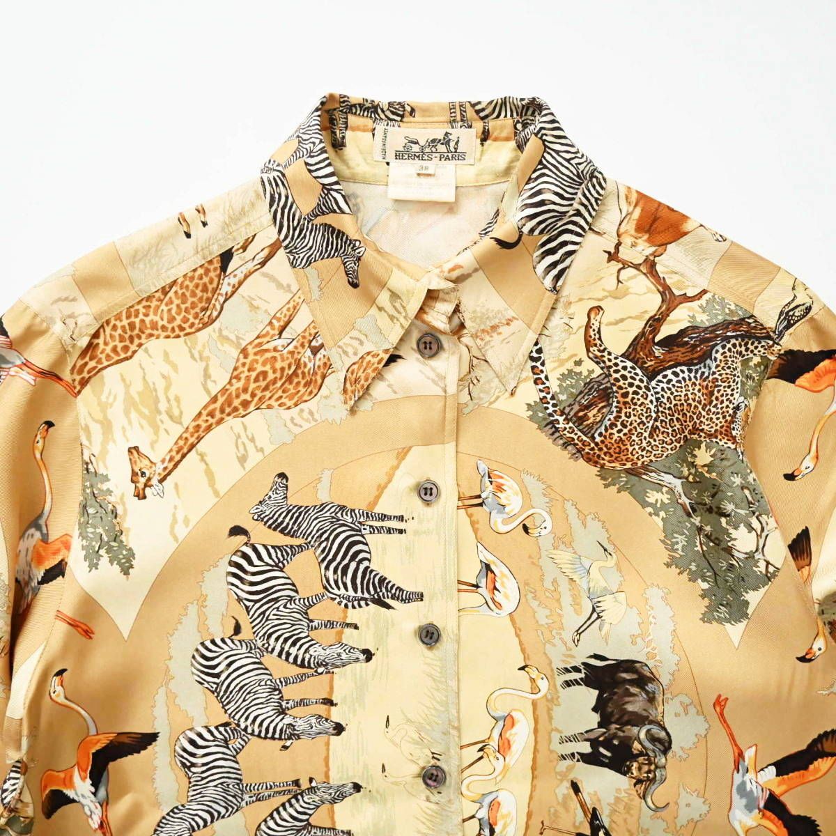 HERMES Tanzania エルメス タンザニア アニマル シルク 長袖シャツ 38 ベージュ T 2511-k 099