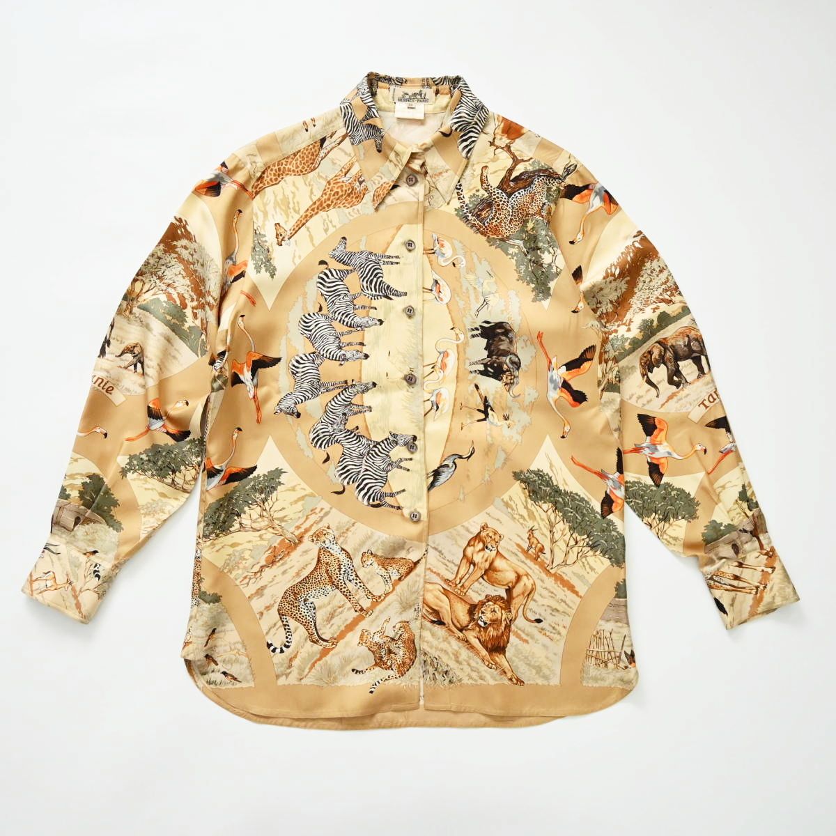 HERMES Tanzania エルメス タンザニア アニマル シルク 長袖シャツ 38 ベージュ T 2511 k 099