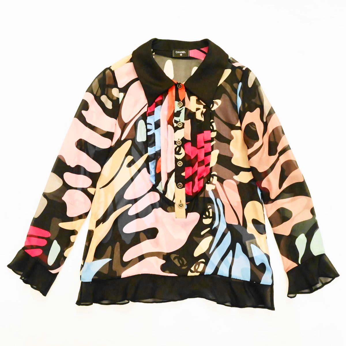 CHANEL シャネル ココマーク デザイン柄 ココボタン シルク 長袖 ブラウス トップス 36 マルチ T 2512 k 011