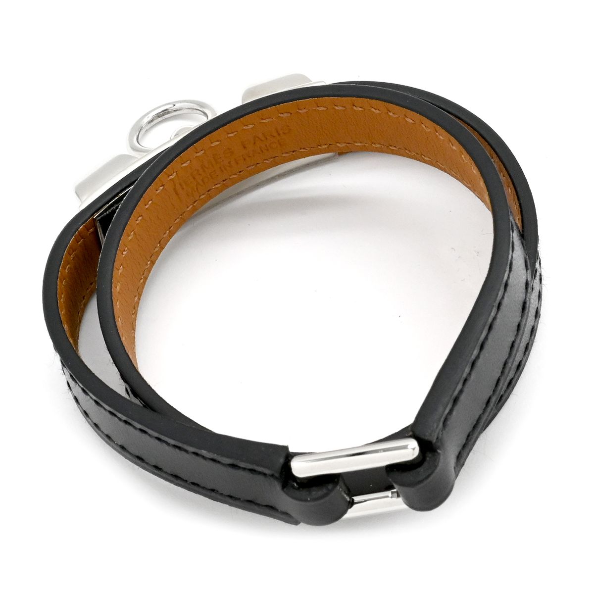 エルメス HERMES ブレスレット リヴァル ドゥブルトゥール レザー メタル ブラック シルバー金具 レザーブレス 二重 二連 スタッズ C刻印 箱