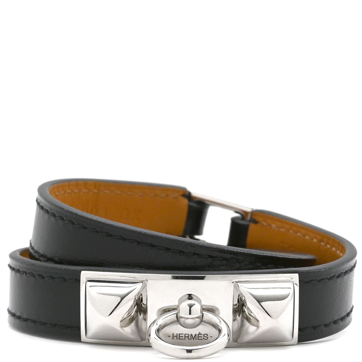 エルメス HERMES ブレスレット リヴァル ドゥブルトゥール レザー メタル ブラック シルバー金具 レザーブレス 二重 二連 スタッズ C刻印 箱