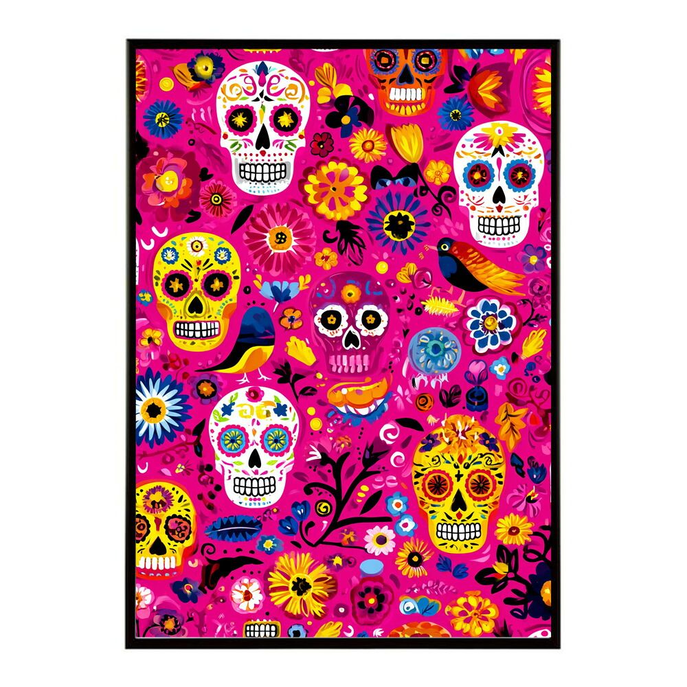 【B2サイズ（約51x73cm）】【lm-poster-5458】【フレーム付き】ドクロポスター シュガースカル カラフル 死者の日 アートポスター メキシコ デザイン 壁掛け ポップ ポスター イラスト