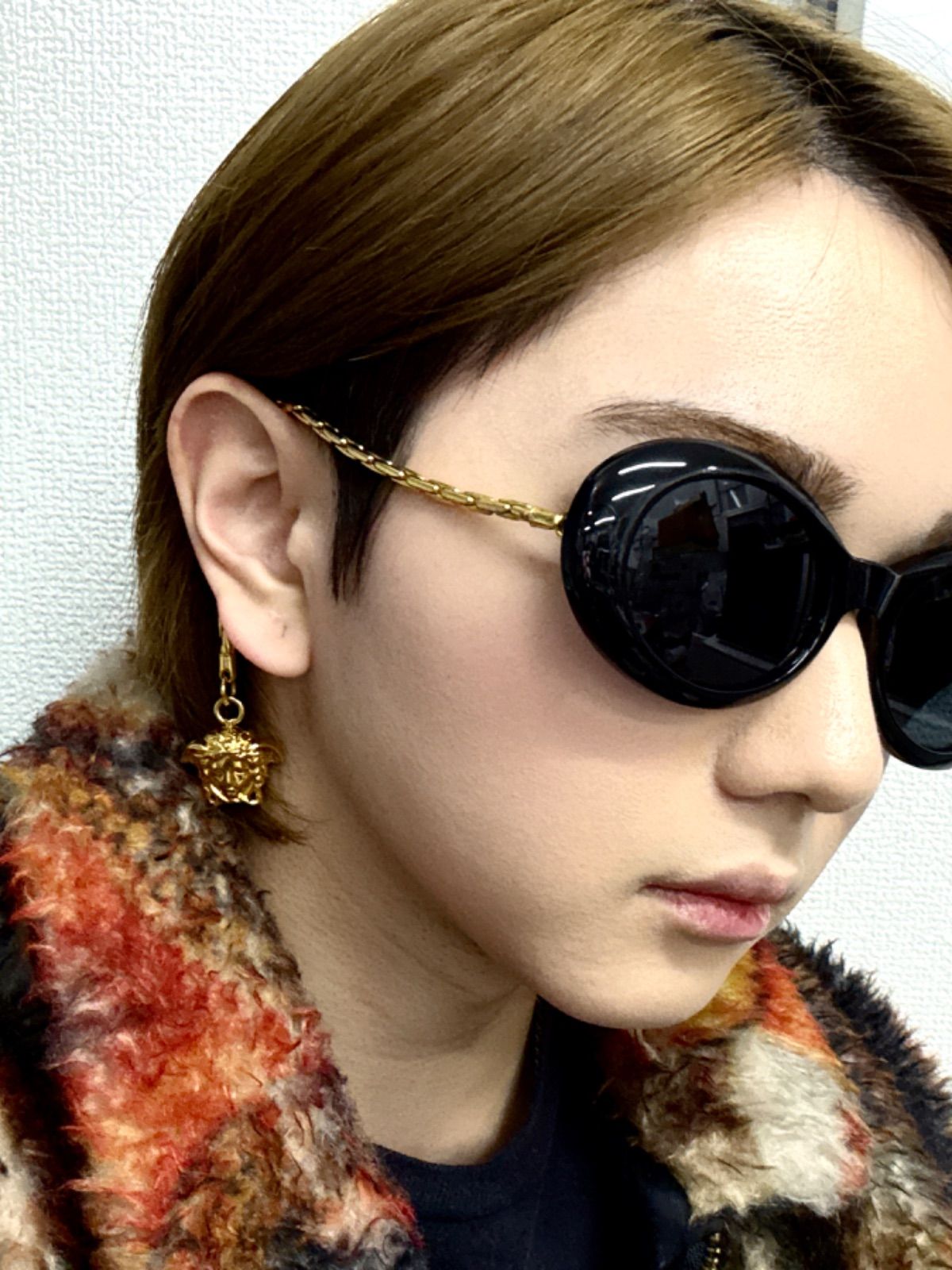 超 GIANNI VERSACE ジャンニヴェルサーチ ヴェルサーチェ サングラス アイウェア チェーン メデューサ オーバル ブラック イタリア製