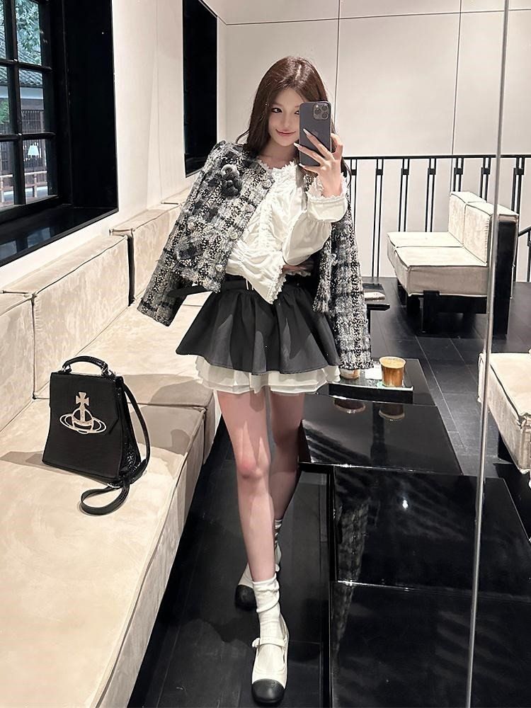 セット クロナ レースフリルブラウス クロップドツイードジャケット ミニスカート 年末 パーティー 0