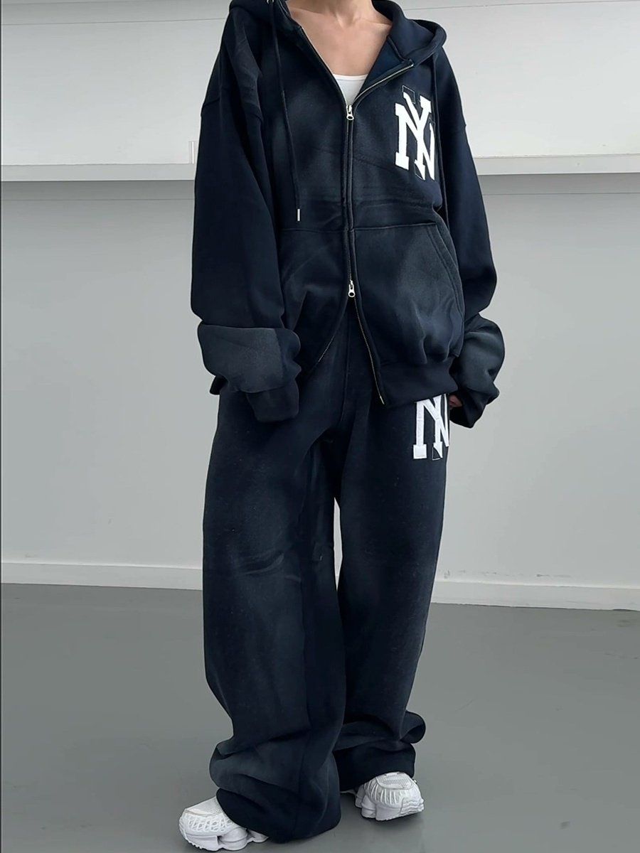 冬 NY ダーティー フードジップアップ セット バンディング ワイド シャーリングパンツ 起毛