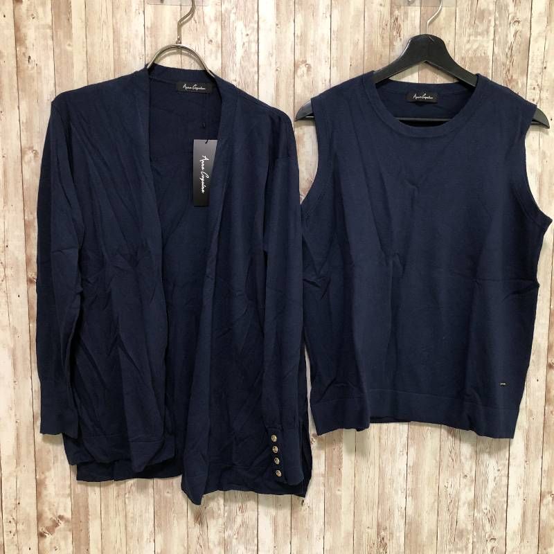 コ Anne Coquine アンコキーヌ オリジナルボタンシルクミックスアンサンブルニット ネイビー L