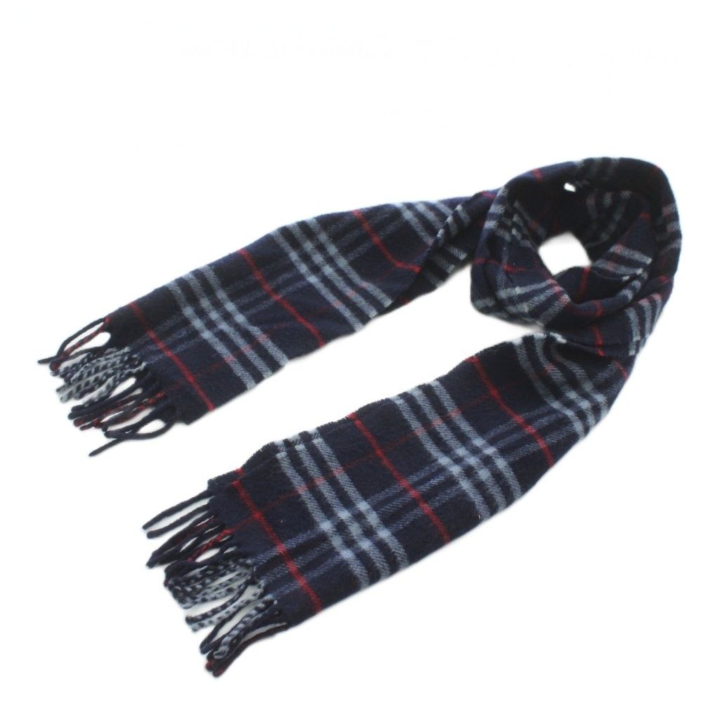 バーバリーズ Burberrys マフラー ストール ウール チェック柄 総柄 フリンジ ロゴ 紺 ネイビー 赤 レッド XZ GY 17