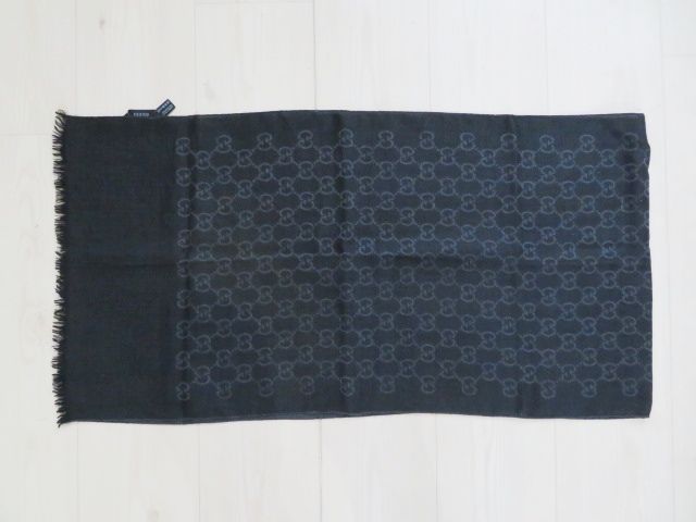 T 10 GUCCI グッチ GG柄 ショール ストール ウール シルク ブラック グレー