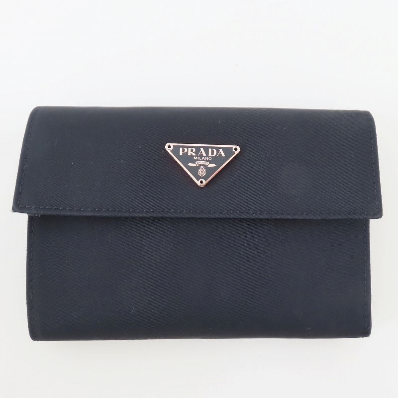 K 09 PRADA プラダ ロゴプレート ナイロン レザー 三つ折り財布 ブラック ゴールド 1 M 0510
