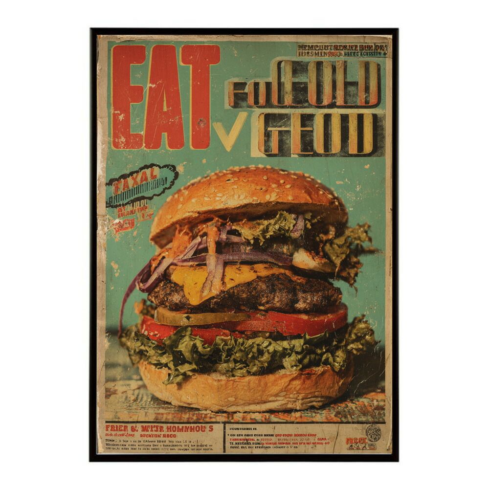 【B3サイズ（約36x51cm）】【lm-poster-5694】【フレーム付き】ハンバーガーポスター アメリカンポスター ハンバーガー アート レトロデザイン EAT ME TASTY カフェ装飾 イラスト