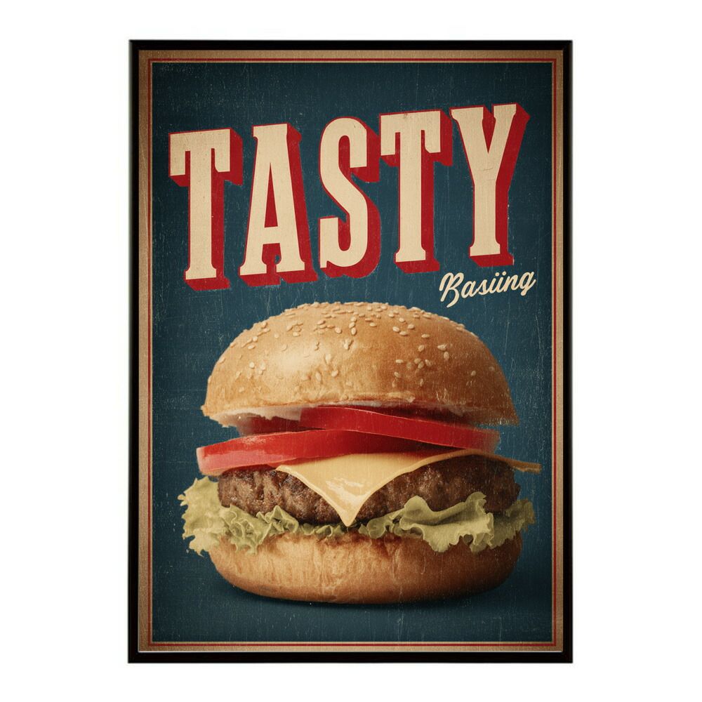 【A1サイズ（約59x84cm）】【lm-poster-5700】【フレーム付き】ハンバーガーポスター アメリカンポスター ハンバーガー アート レトロデザイン EAT ME TASTY カフェ装飾 イラスト