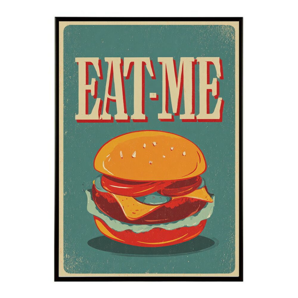 【A2サイズ（約42x59cm）】【lm-poster-5726】【フレーム付き】ハンバーガーポスター アメリカンポスター ハンバーガー アート レトロデザイン EAT ME TASTY カフェ装飾 イラスト