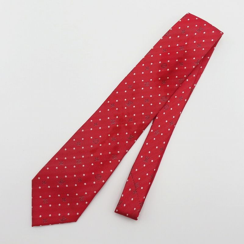 M 10 LOUISVUITTON ルイヴィトン ロゴ ドット柄 シルク ネクタイ レッド ホワイト