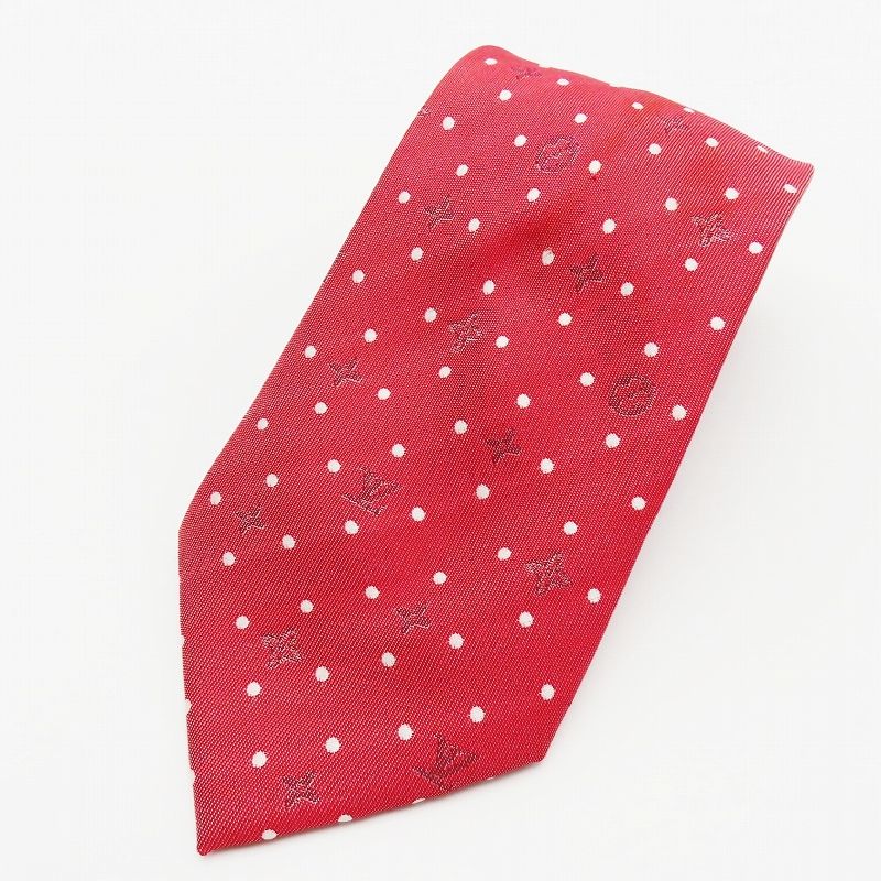 M 10 LOUISVUITTON ルイヴィトン ロゴ ドット柄 シルク ネクタイ レッド ホワイト
