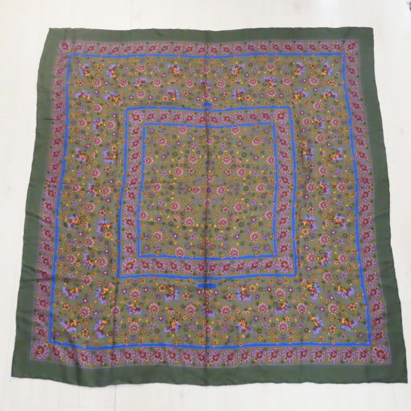 M 01-k 010 HERMES TABRIZ エルメス タブリーズ カレ140 カシミヤ シルク 大判ショール カーキ マルチ