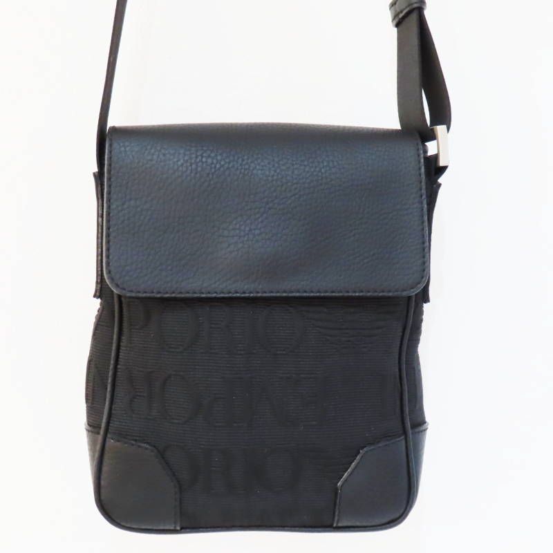 S 02 k 078 EMPORIO ARMANI エンポリオアルマーニ ロゴ総柄 キャンバス レザ― ショルダーバッグ ブラック