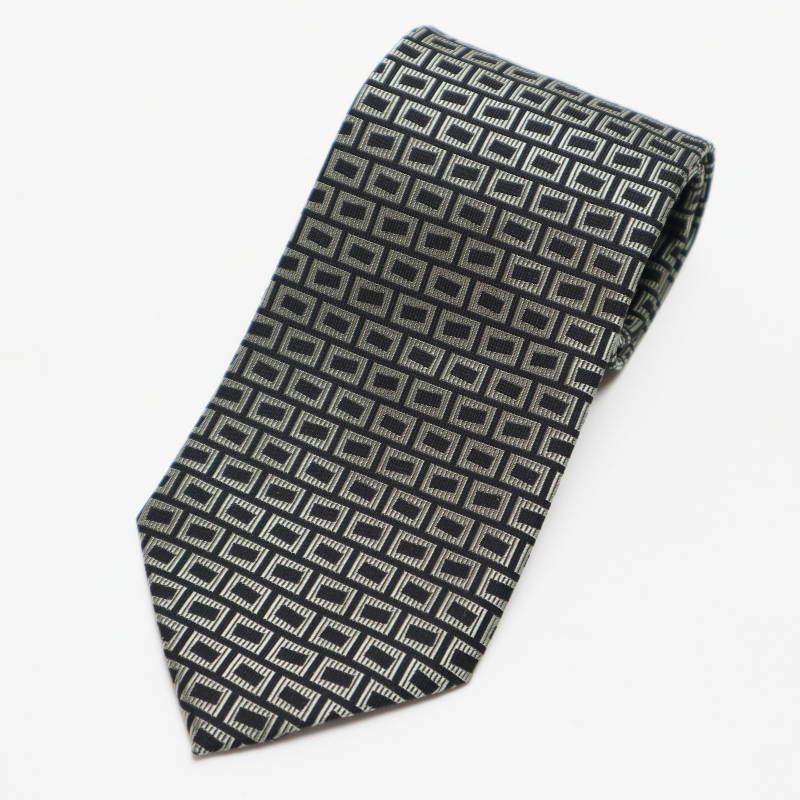 S 06 k 062 HERMES エルメス デザイン総柄 シルク ネクタイ ブラック グレー