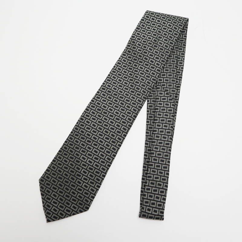 S 06-k 062 HERMES エルメス デザイン総柄 シルク ネクタイ ブラック グレー