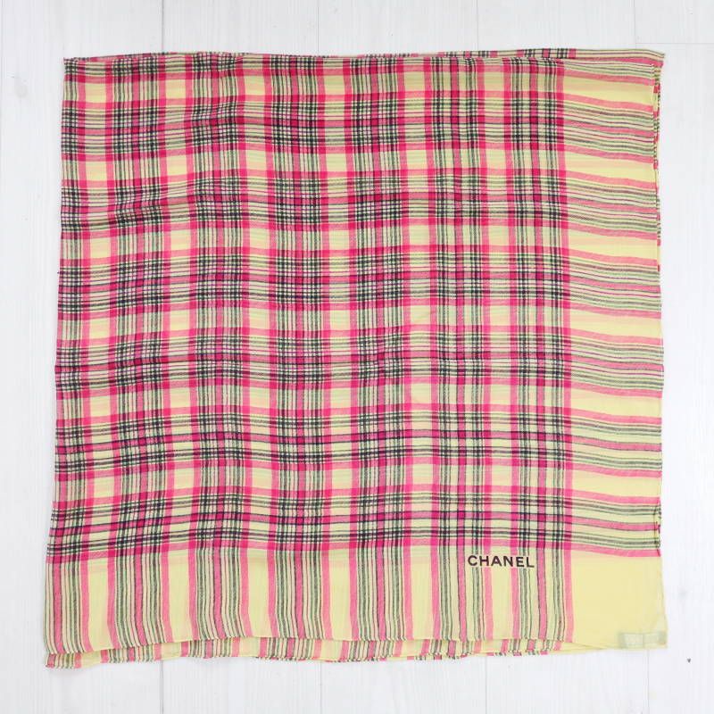 CHANEL シャネル チェック柄 シルク 大判ストール ショール イエロー S 07 k 059